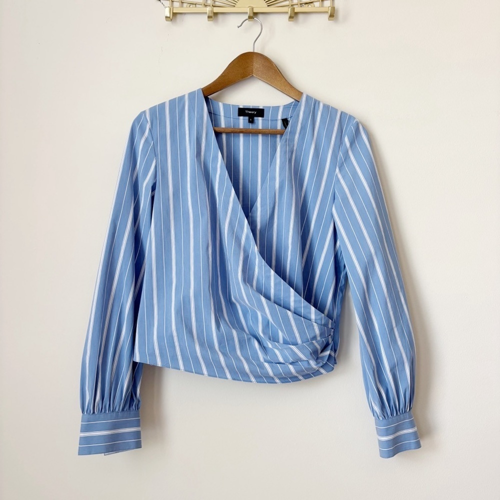 Theory Blue & White Striped Surplice Top Small Coastal Summer